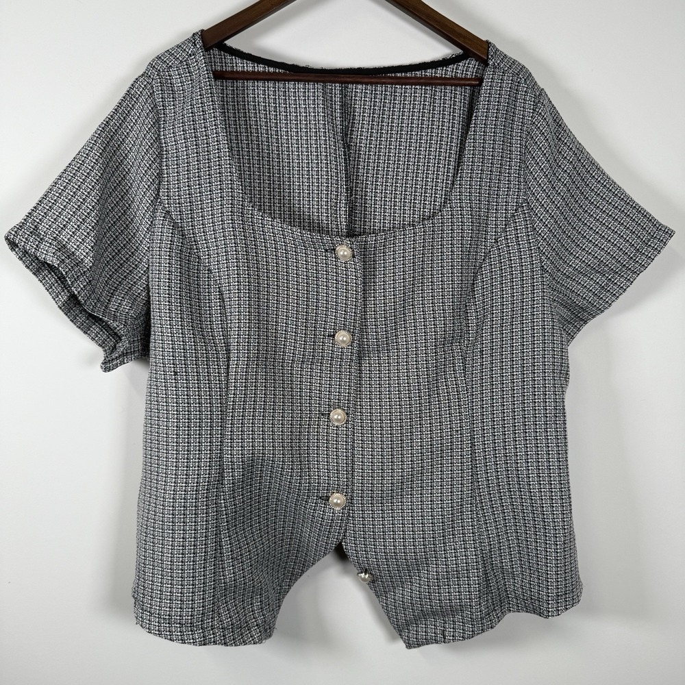SHEIN Women's Career‎ Blouse Woven Black White Faux Pearl Size 4XL